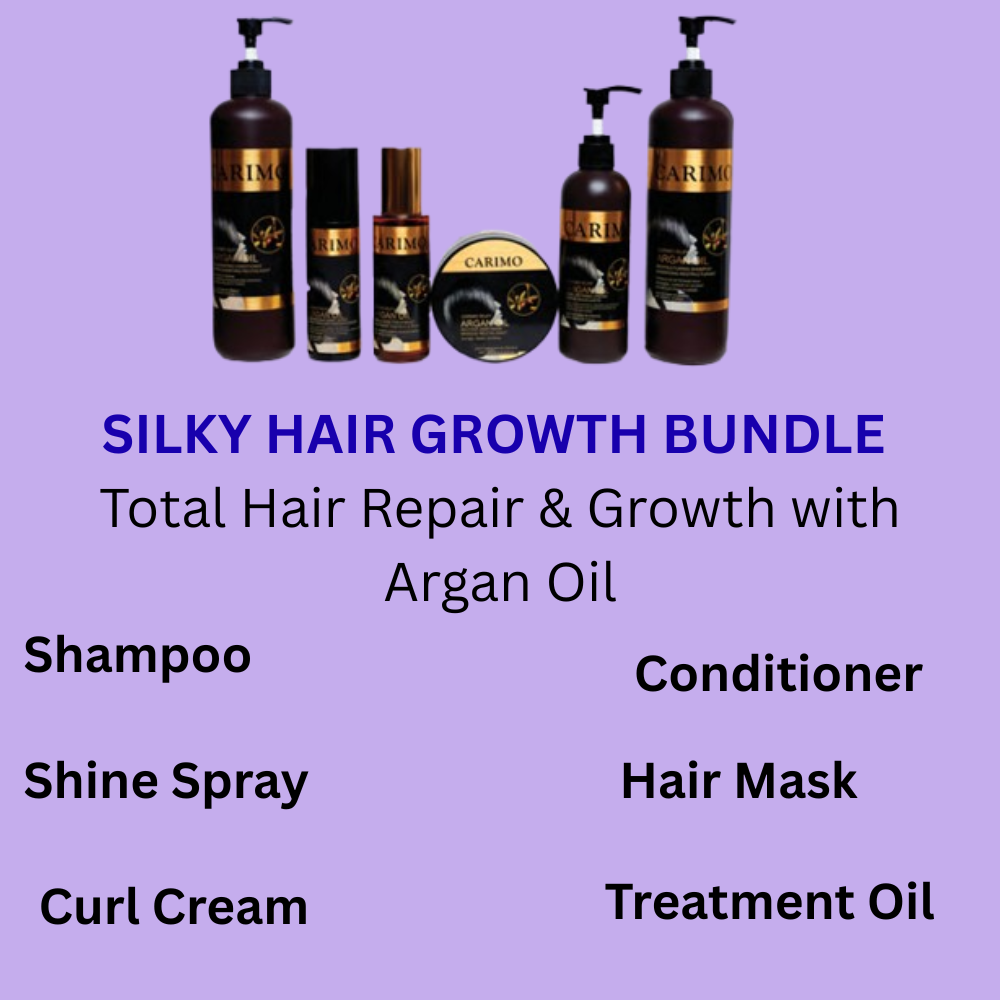 Silky Hair growth care product bundle with bottles and text on a purple background