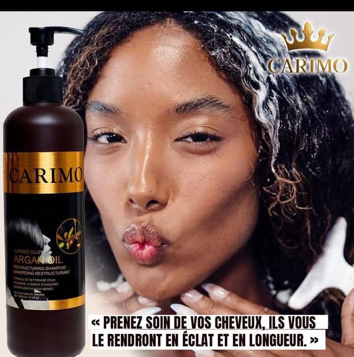 Woman with CARIMO Silky hair care product and text about hair care