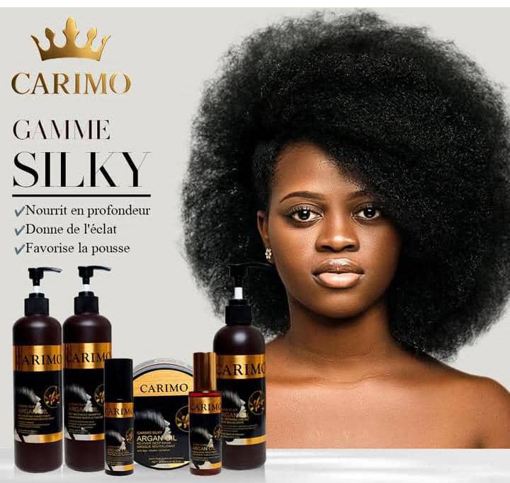 Carimo Gamme Silky hair care products with a woman featuring curly hair on a light gray background