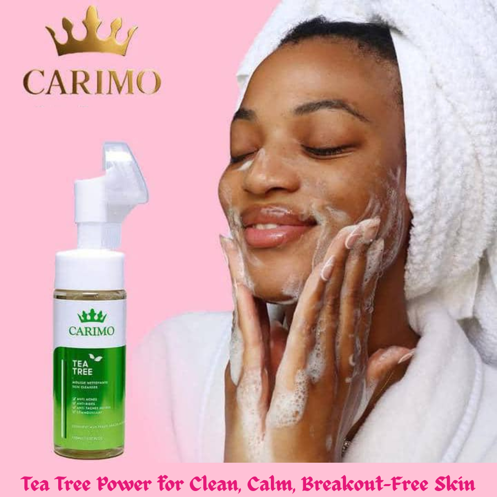 Woman washing her face with CARIMO tea tree oil on a pink background