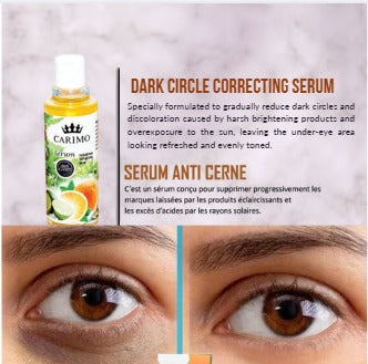 Carimo dark circle correcting serum with before and after eye area images on a pink background