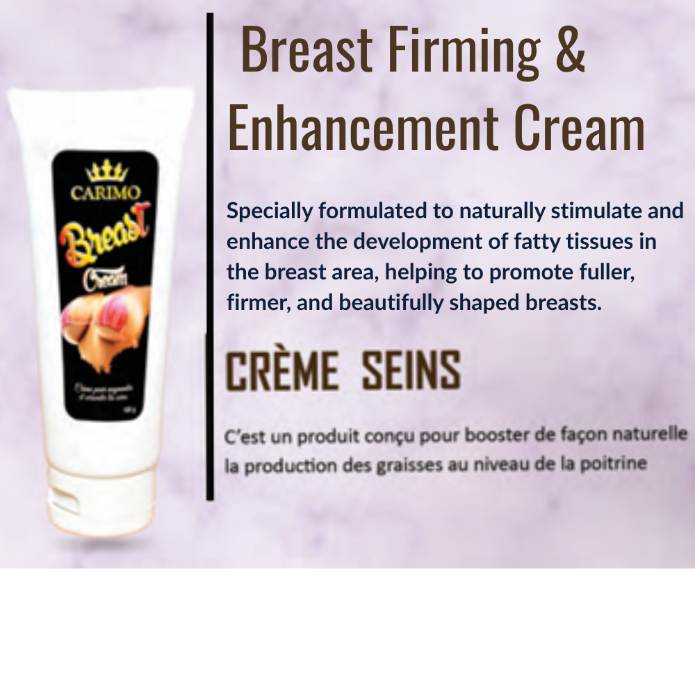 Carimo Breast Firming & Enhancement Cream with product description on a light purple background