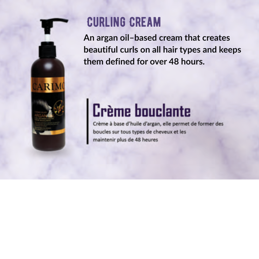 Carimo curling cream bottle of hair growth collection set with product description on a purple background