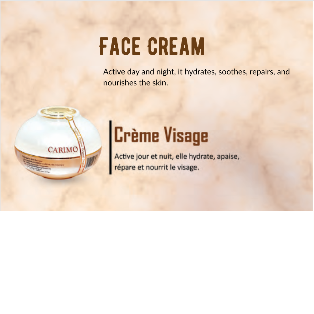 Carimo face cream of Eclat skin care collection set packaging with text on a beige background