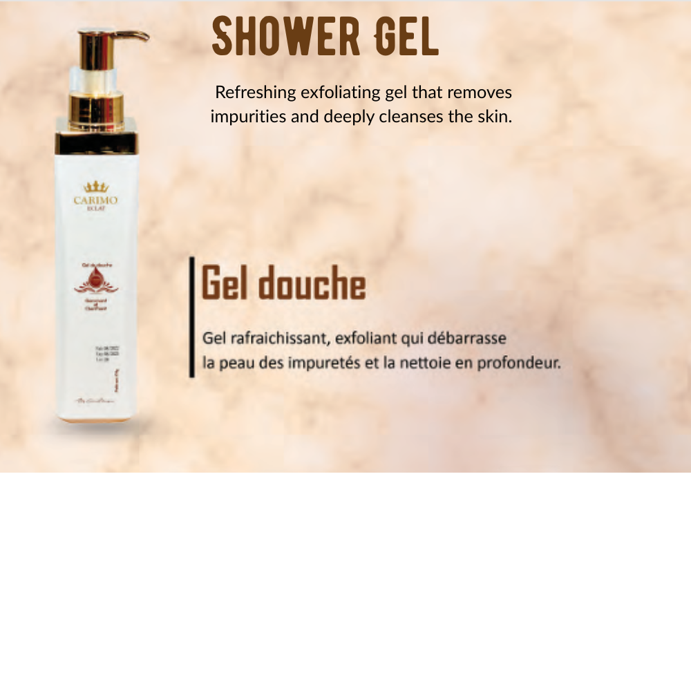 Shower gel bottle of Eclat skin care collection set with text on a beige background