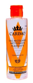Carimo micellar water bottle with orange cap and label on a white background