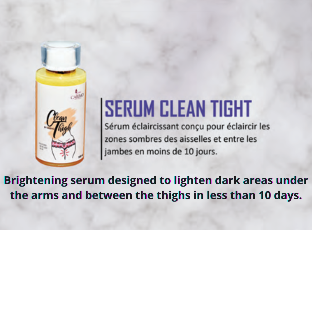 Serum bottle labeled 'carimo Clean Tight' on a textured gray background
