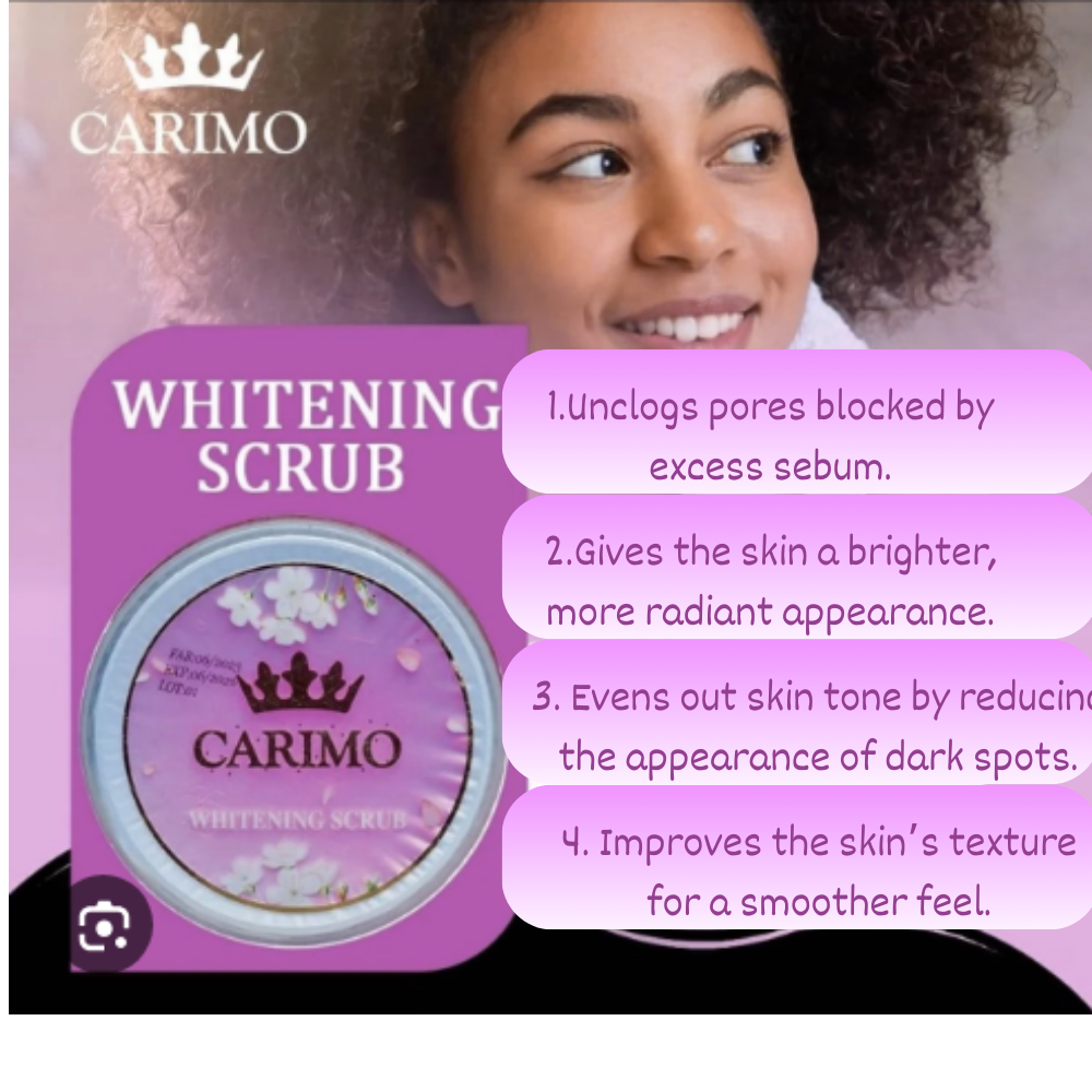 Carimo Whitening Scrub advertisement with a woman and product details.
