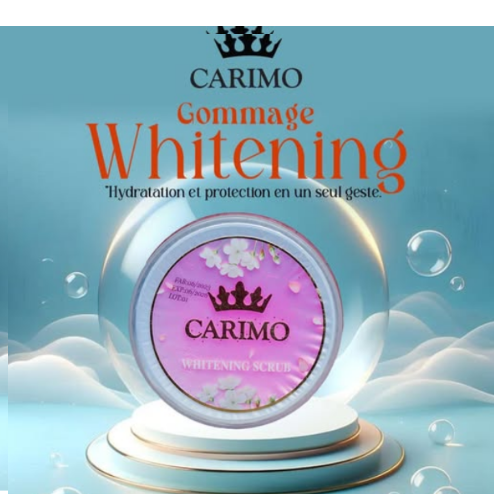 Carimo Whitening scrub packaging with a blue background and CARIMO branding.