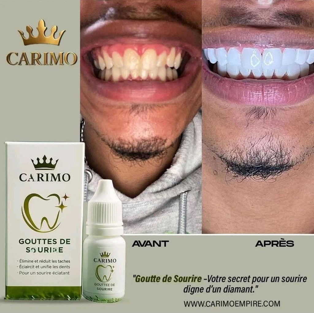 Advertisement for Carimo dental drops showing before and after effects on teeth.