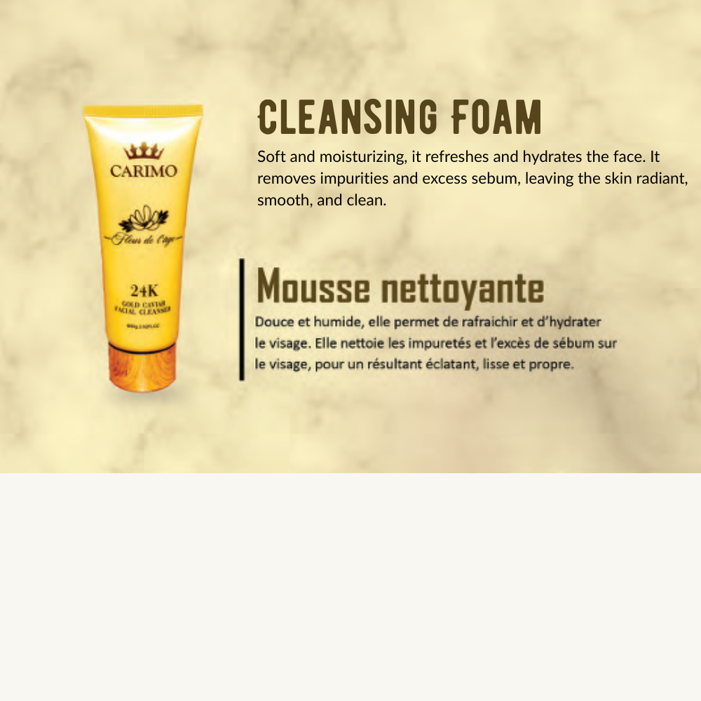 Carimo cleansing foam Fleur de l'age packaging with text on a beige background