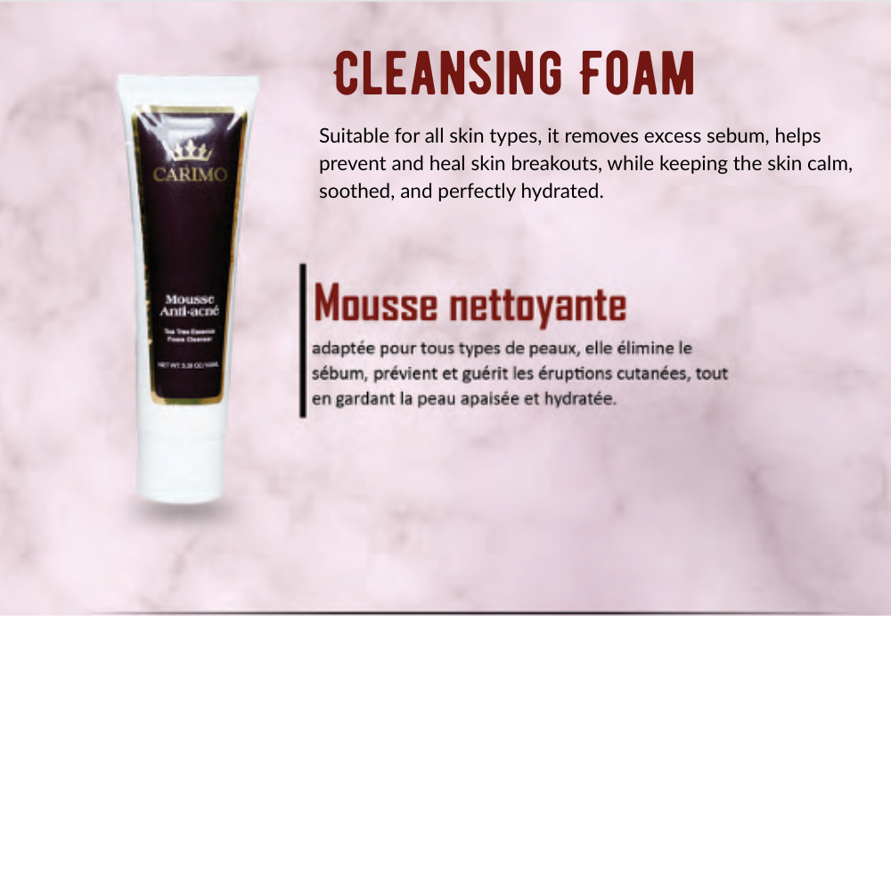 Cleansing foam tube of  carimo anti acne skin care collection set with product description on a pink background
