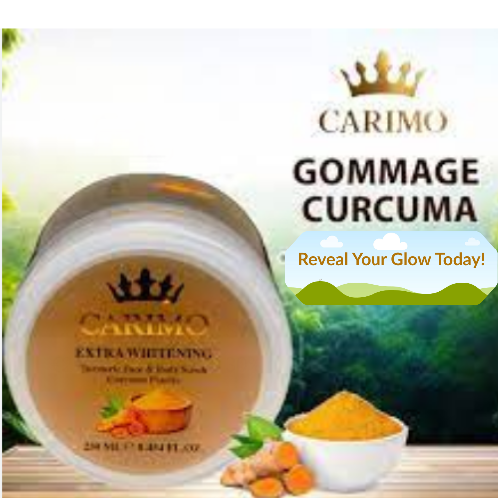 Carimo Gommage Curcuma product with turmeric and a promotional tagline on a blurred natural background