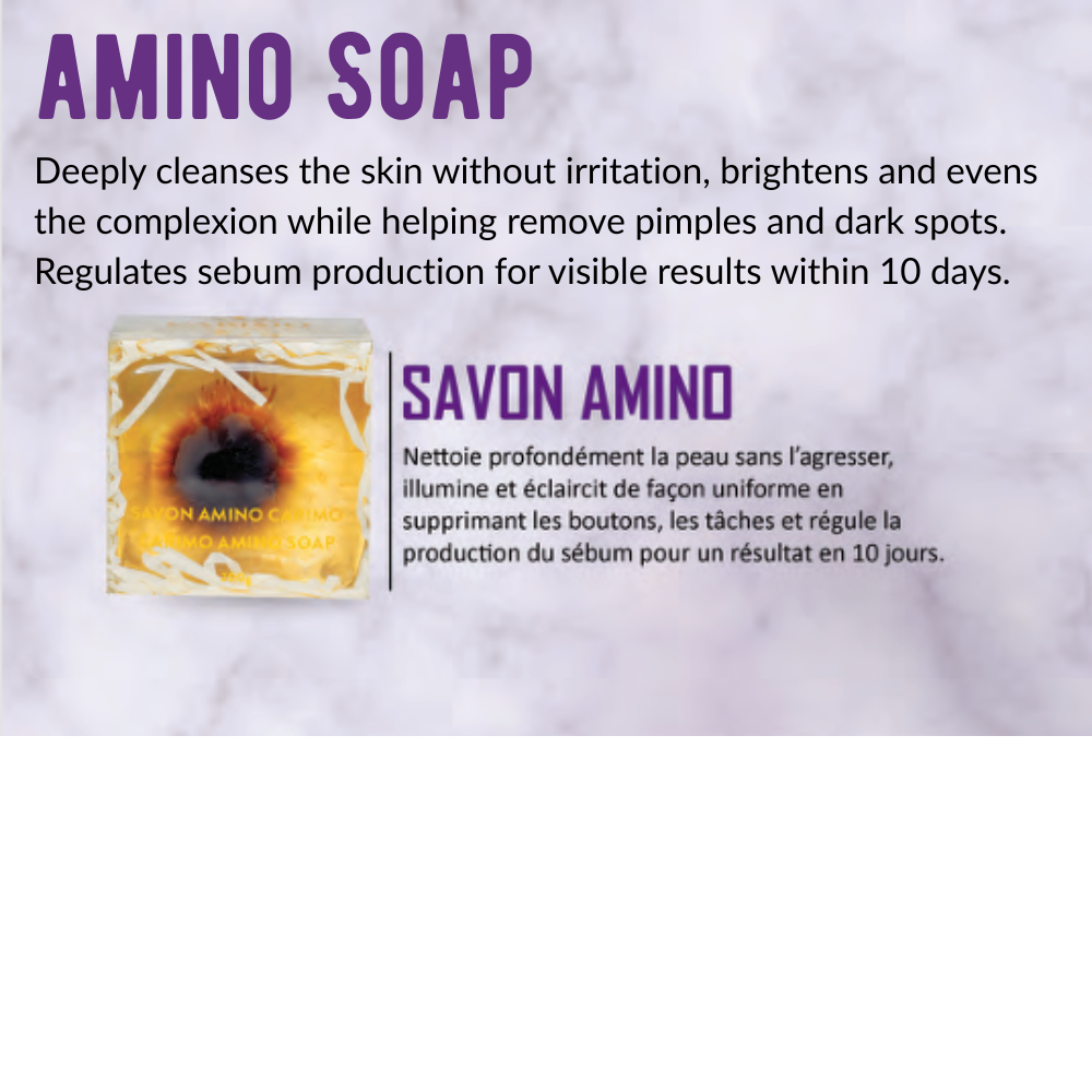 carimo Amino soap packaging with text about its benefits on a textured background
