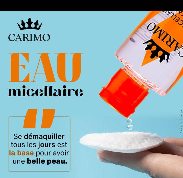 Carimo micellar water bottle being poured onto a cotton pad with a blue background