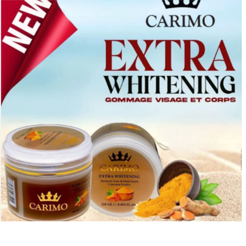 Carimo Extra Whitening product packaging with turmeric and other ingredients on a beach background