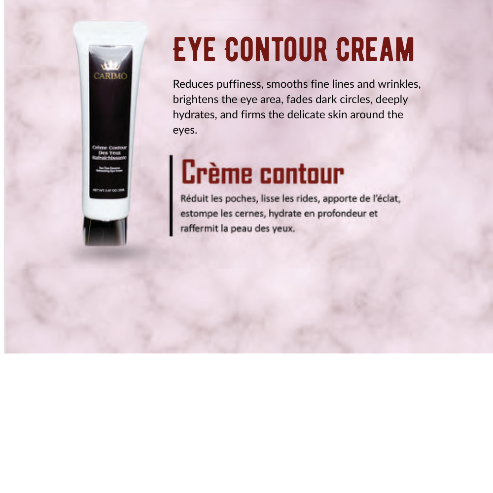 Eye contour cream tube of carimo anti acne skin care collection set with product description on a pink background