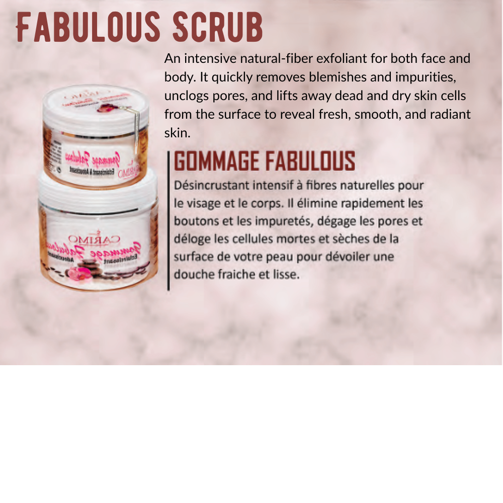 Advertisement for Fabulous scrub with product packaging and descriptive text on a pink background