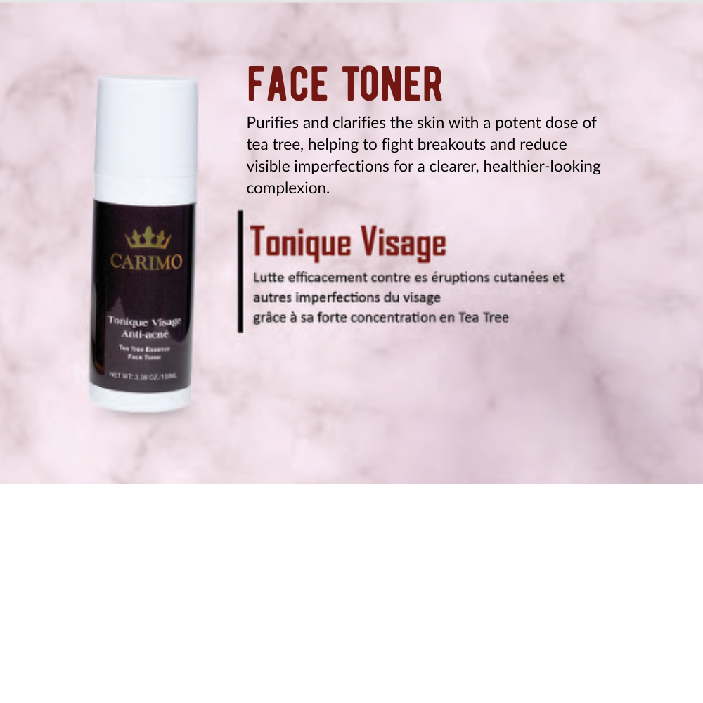 Carimo Face Toner bottle of carimo anti acne skin care collection set with product description on a pink background