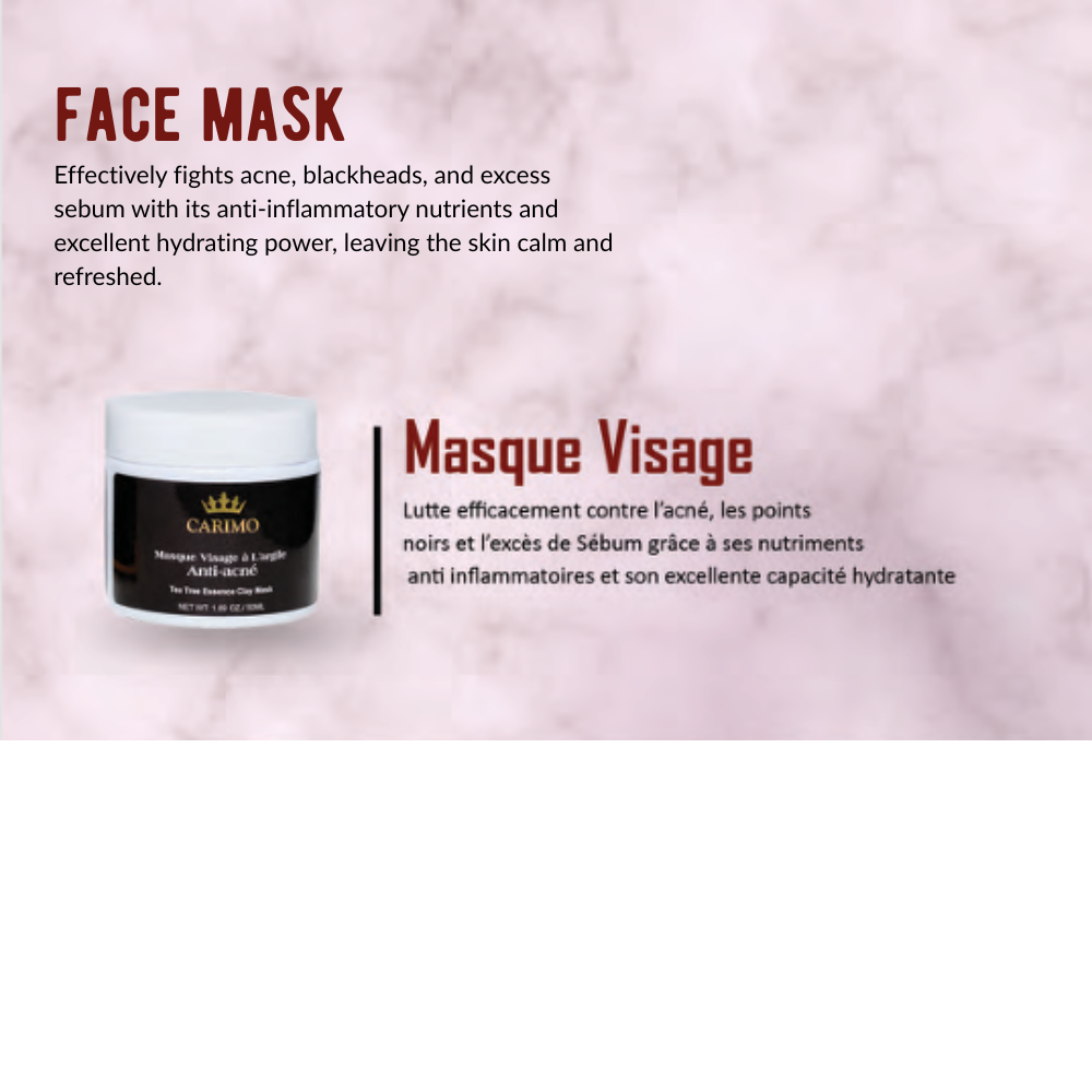 Face mask packaging of anti acne skin care collection set with text on a pink background