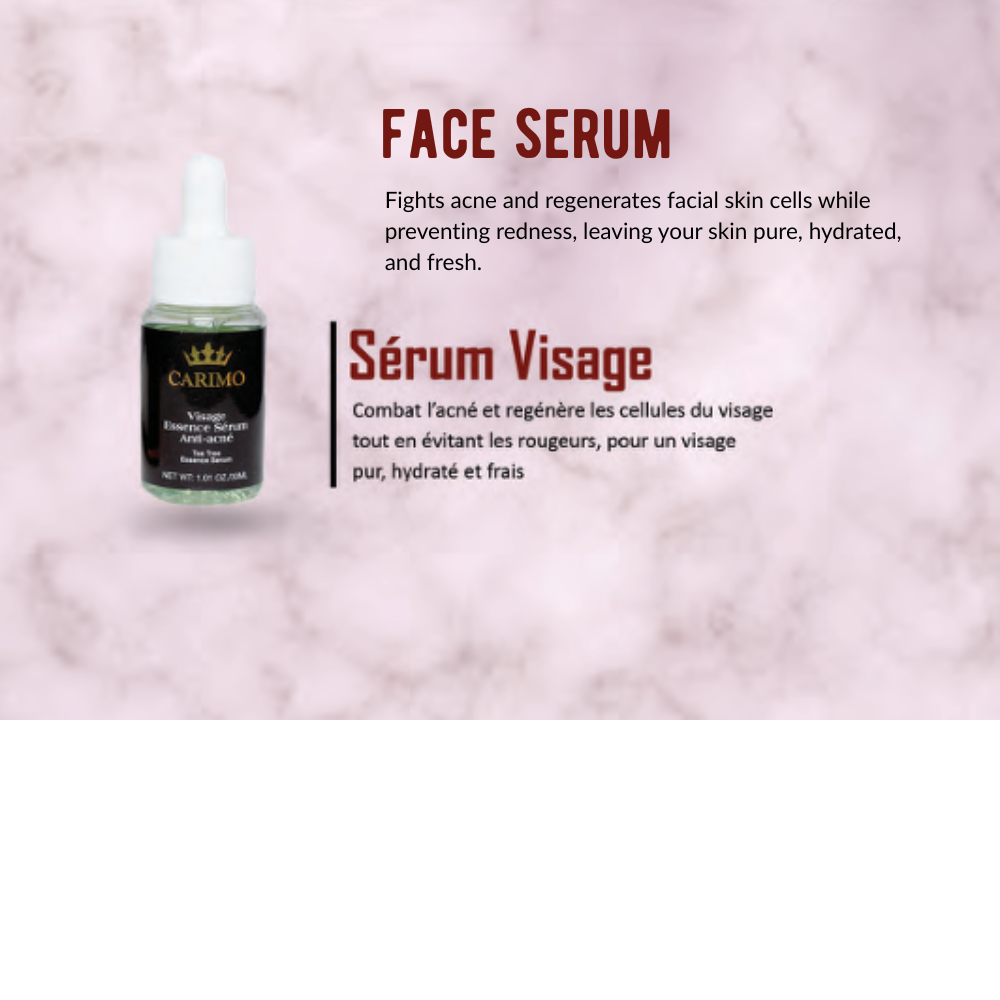 Face serum bottle of Carimo anti acne collection set with text on a pink background