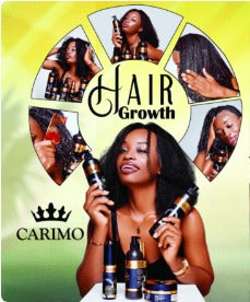 Advertisement for Carimo hair growth products featuring a woman with styled hair and product bottles.