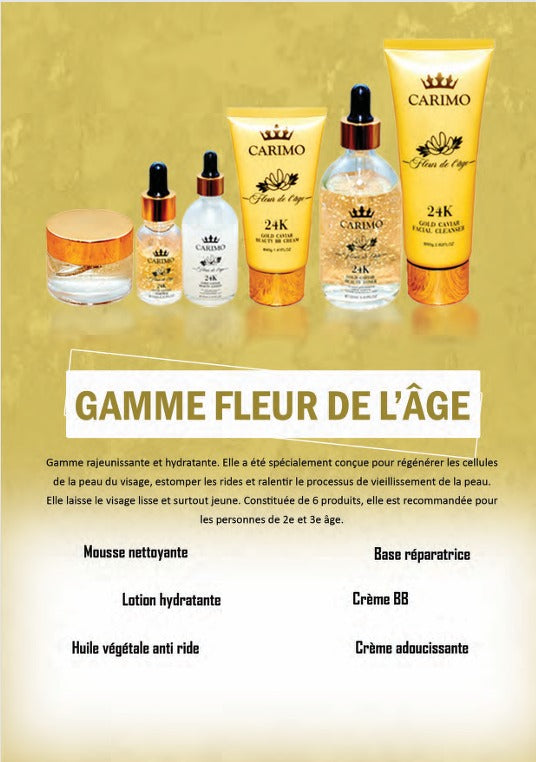 Carimo skincare products with 'GAMME FLEUR DE L'AGE' text on a beige background