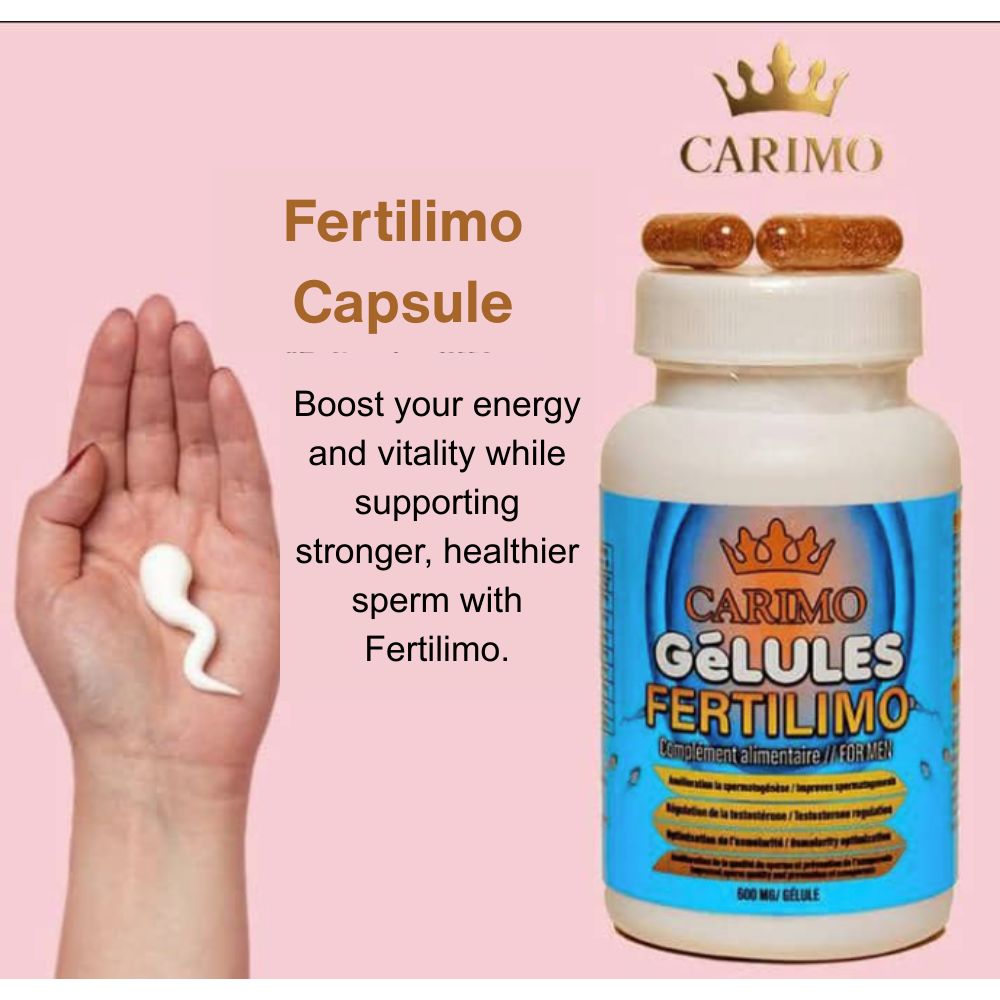 Carimo Fertilimo Capsule bottle with a hand holding a sperm cell against a pink background