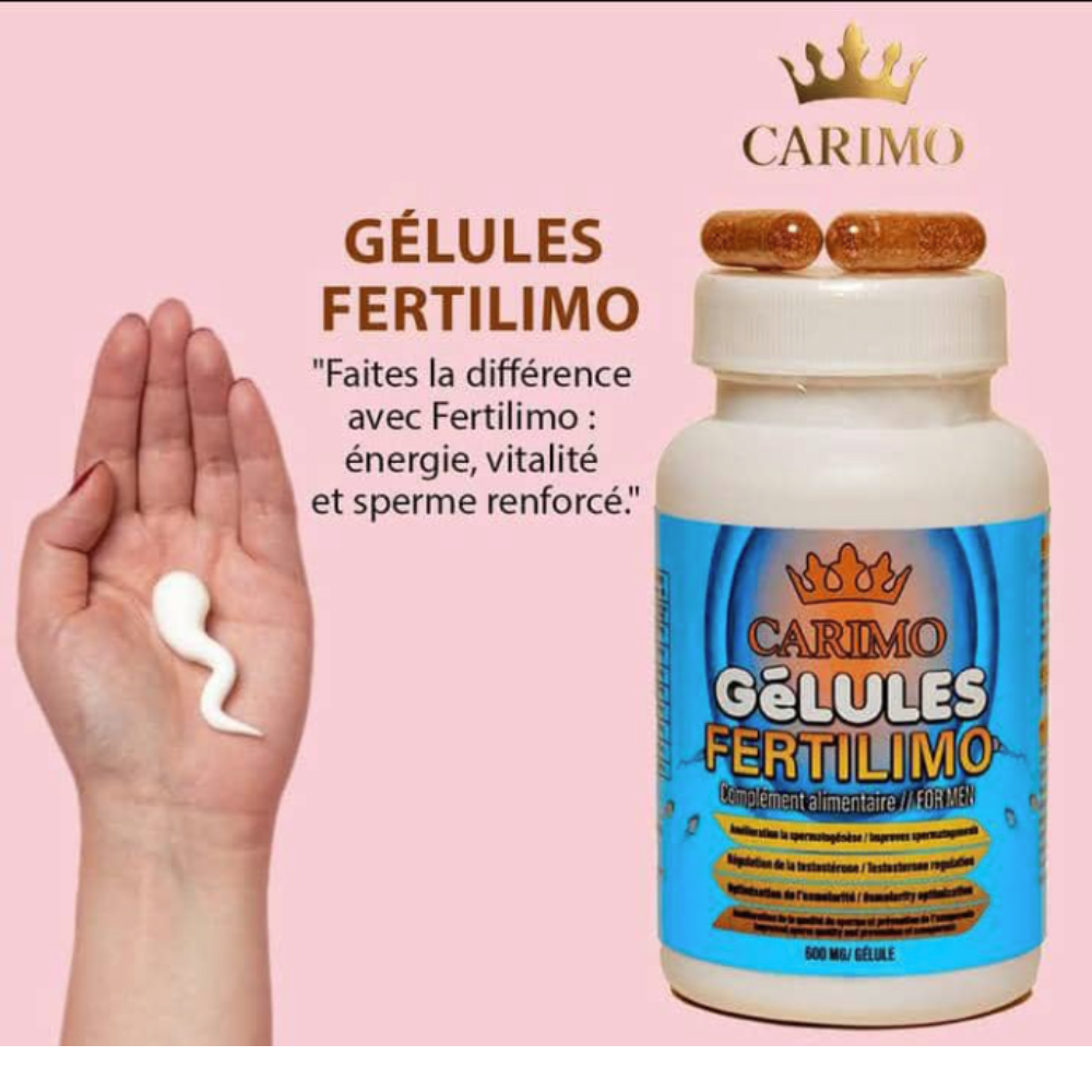 Bottle of Carimo Fertilimo capsules with a hand holding a capsule against a pink background