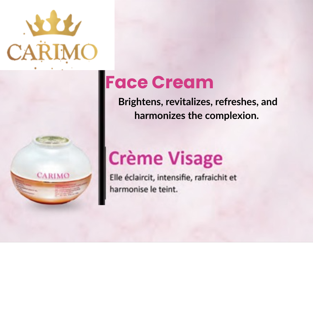 Advertisement for Carimo metiss face cream with product image and text on a pink background