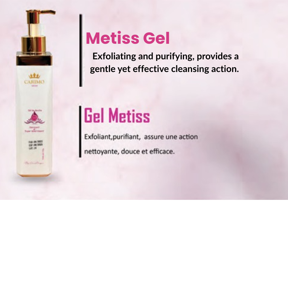 Metiss Gel bottle with product description on a pink background