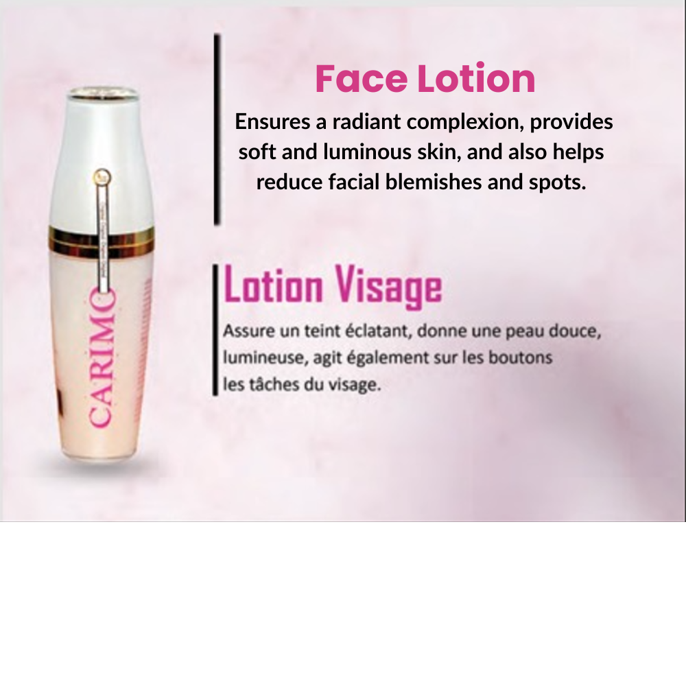 Carimo metiss face lotion bottle with product description on a pink background
