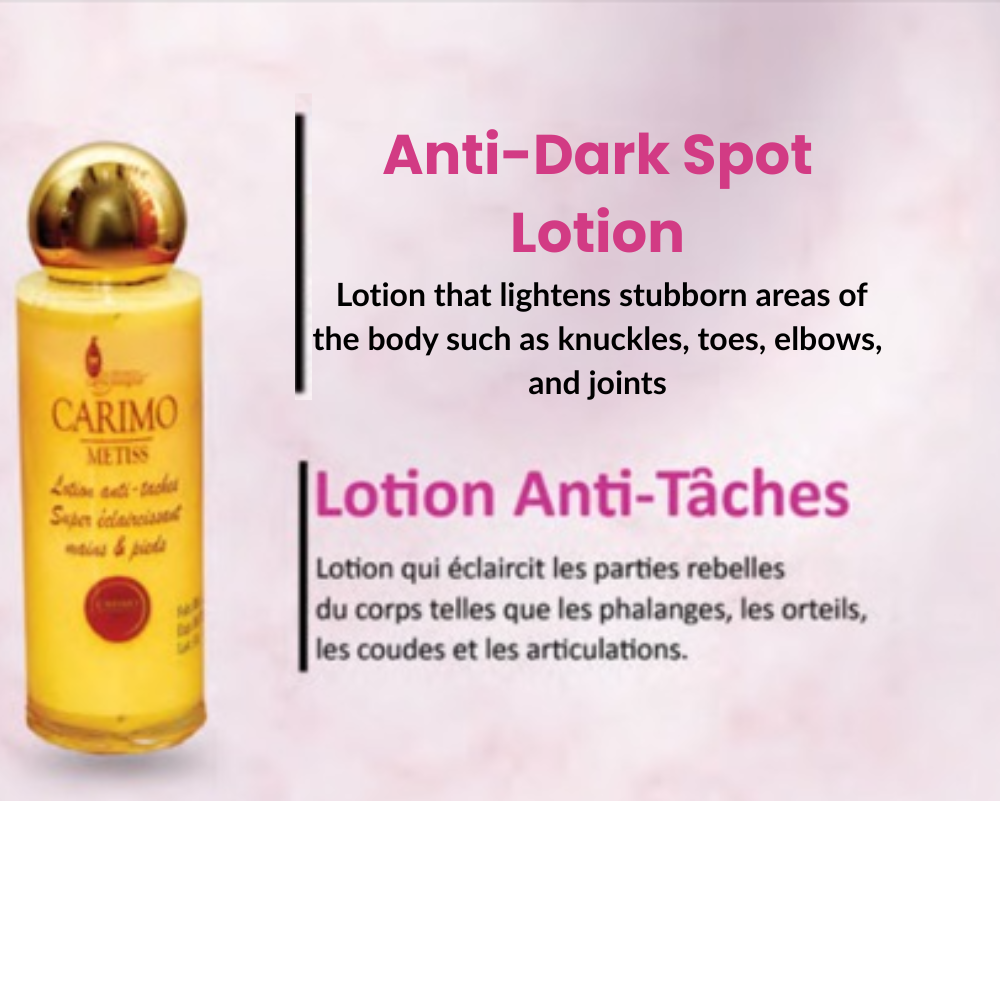 Carimo anti-dark spot lotion bottle with product description on a pink background