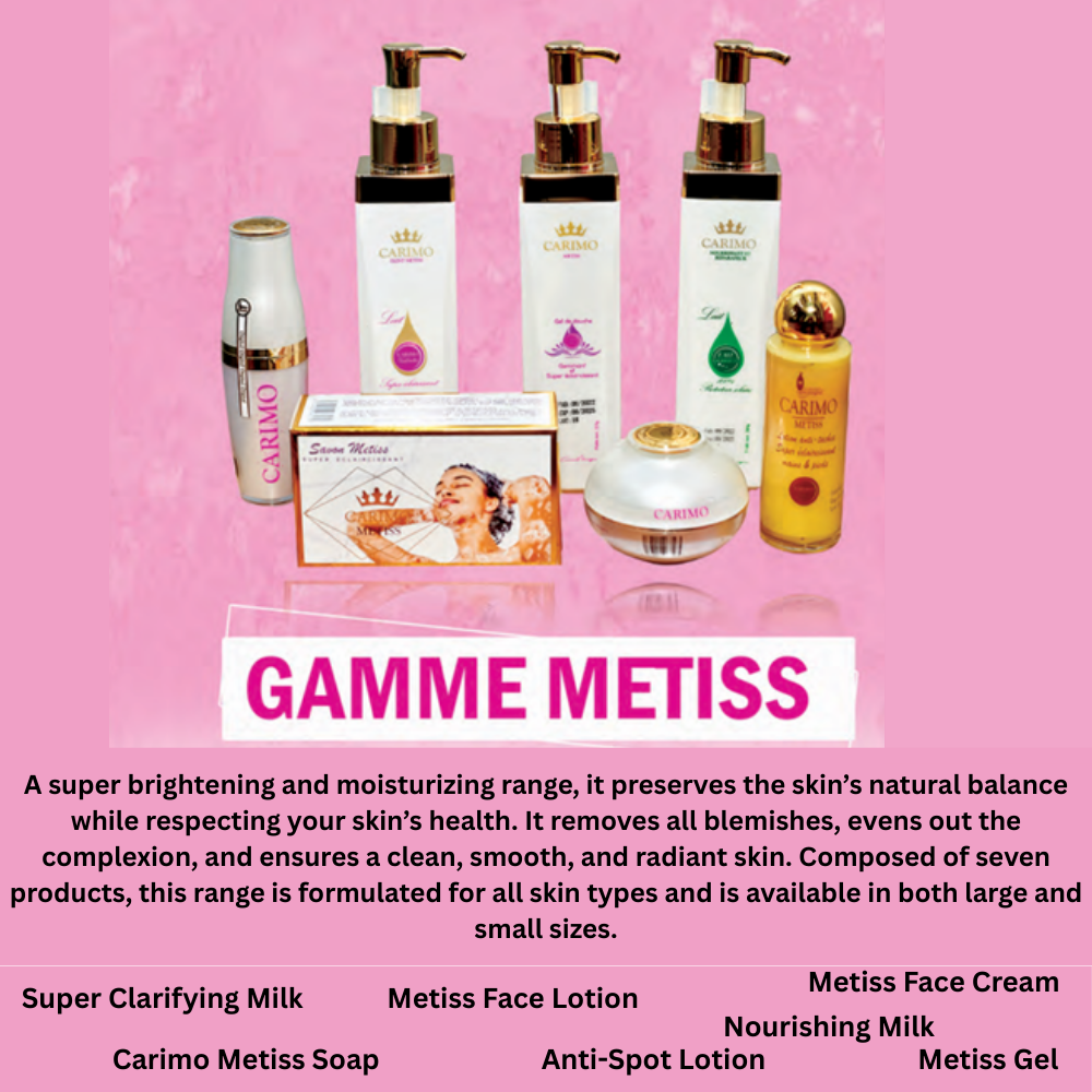 Carimo Metiss skincare products on a pink background with product names displayed.
