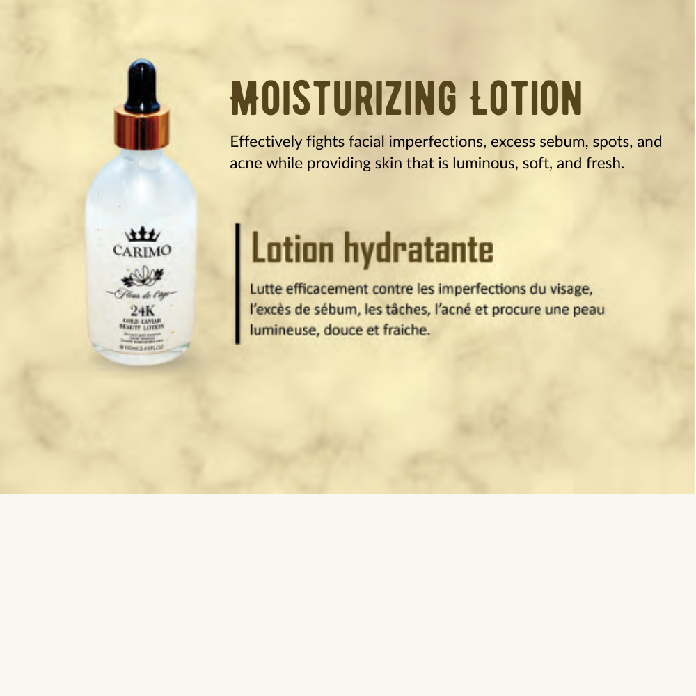 Carimo moisturizing lotion bottle  Fleur de l'age with text on a beige background