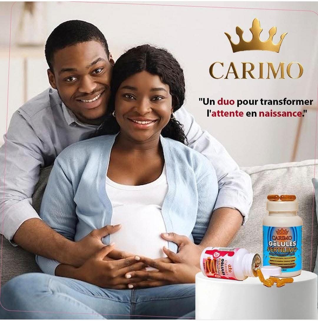 Pregnant woman with partner and Carimo products on a couch