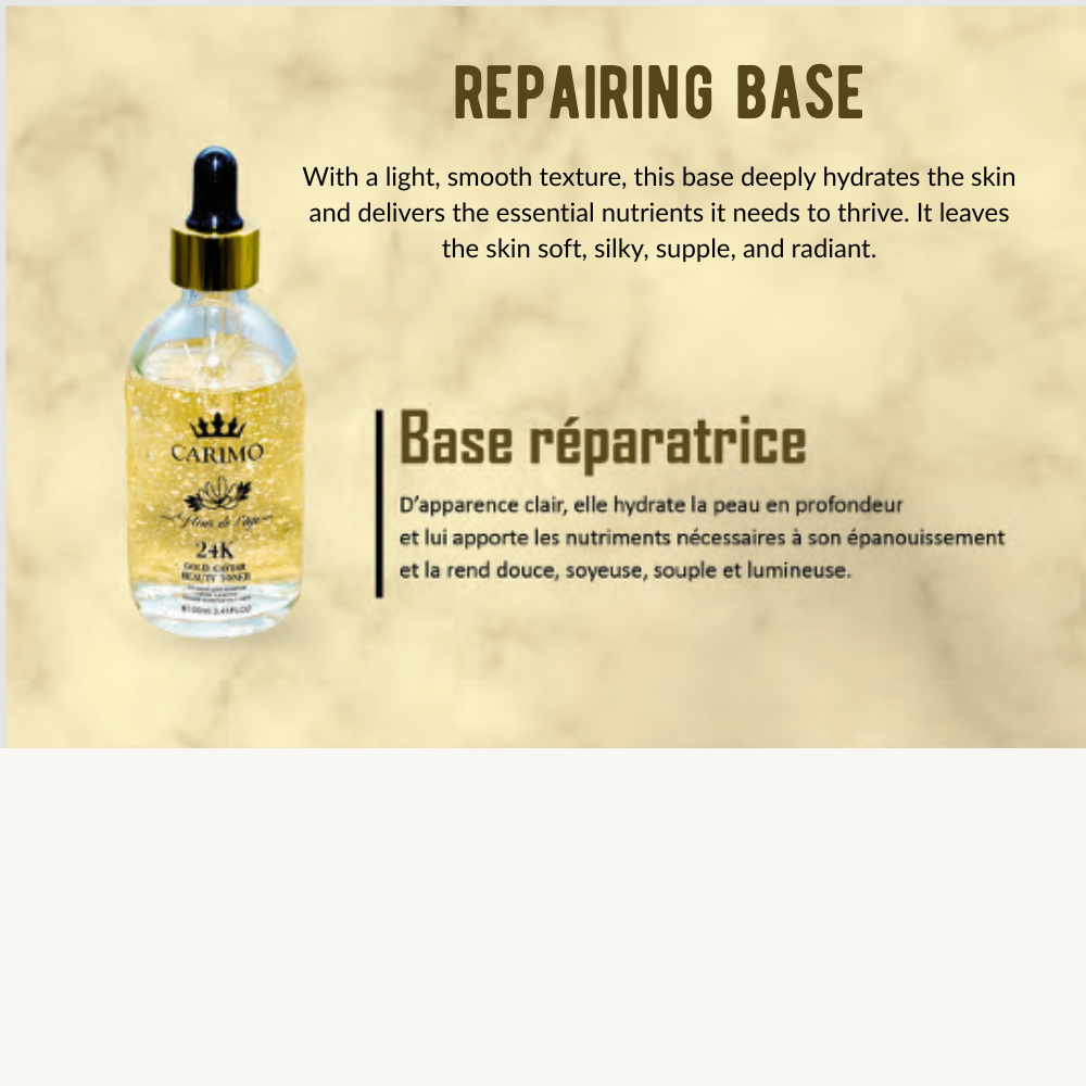 Cosmetic bottle with dropper labeled 'CARIMO' base reparatrice fleur de l'age on a beige background with text about product benefits.