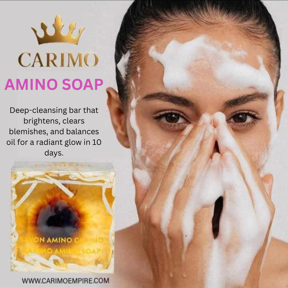 Woman applying soap to her face with Carimo Amino Soap packaging displayed.