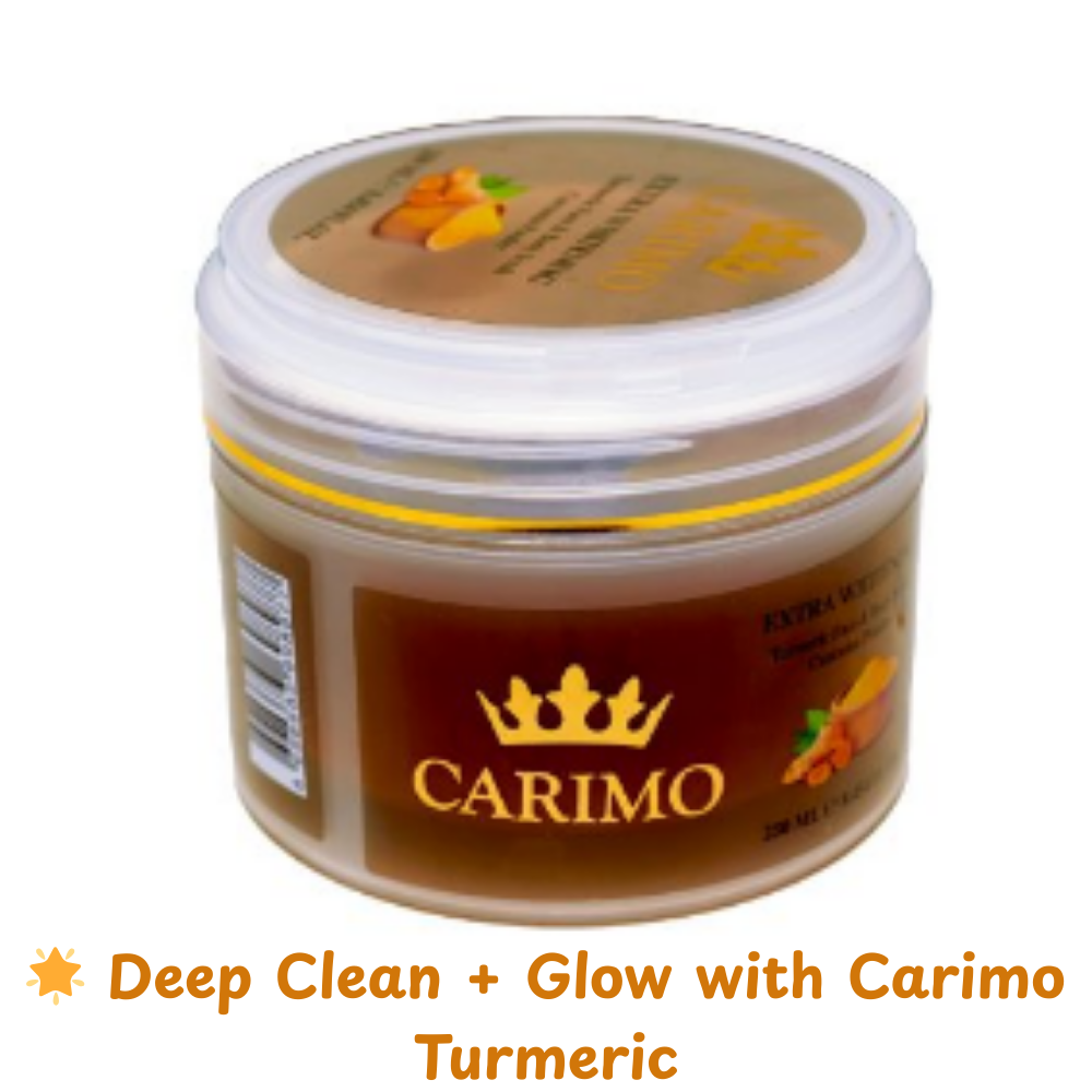 Jar of Carimo Turmeric extra whitening scrub product on a white background