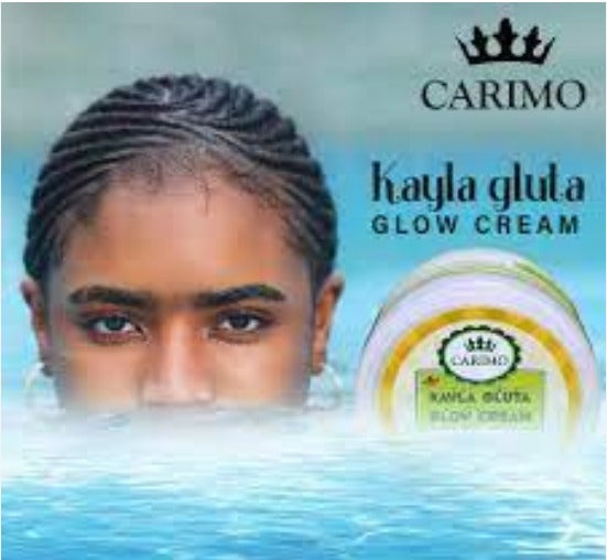 Carimo Kayla Gluta Glow Cream advertisement with a person in water and cream packaging.