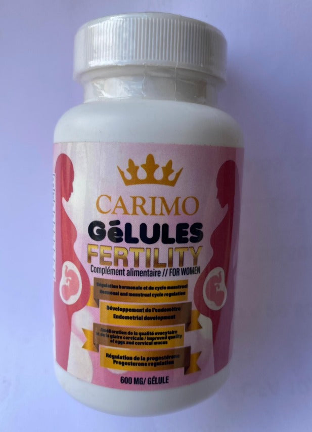 Bottle of Carimo Gélules Fertility supplement on a light purple background
