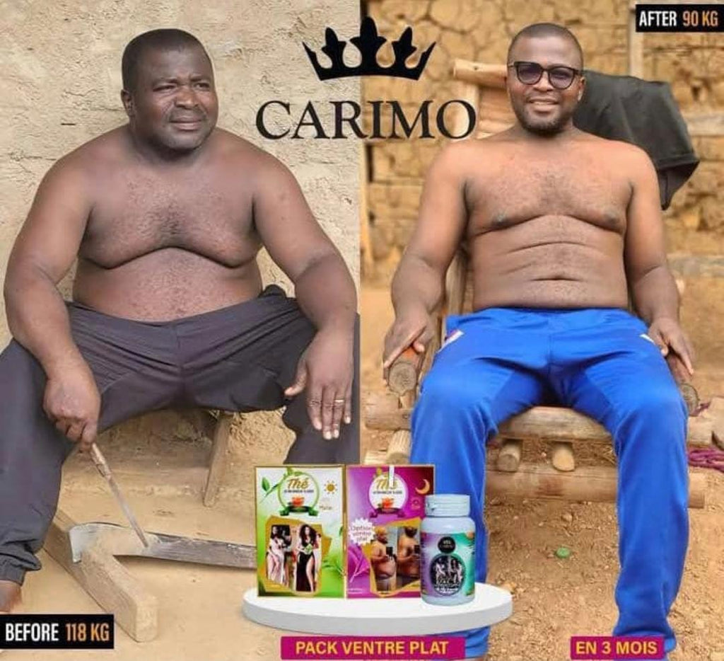 Before and after transformation of a man with carimo weight loss products .