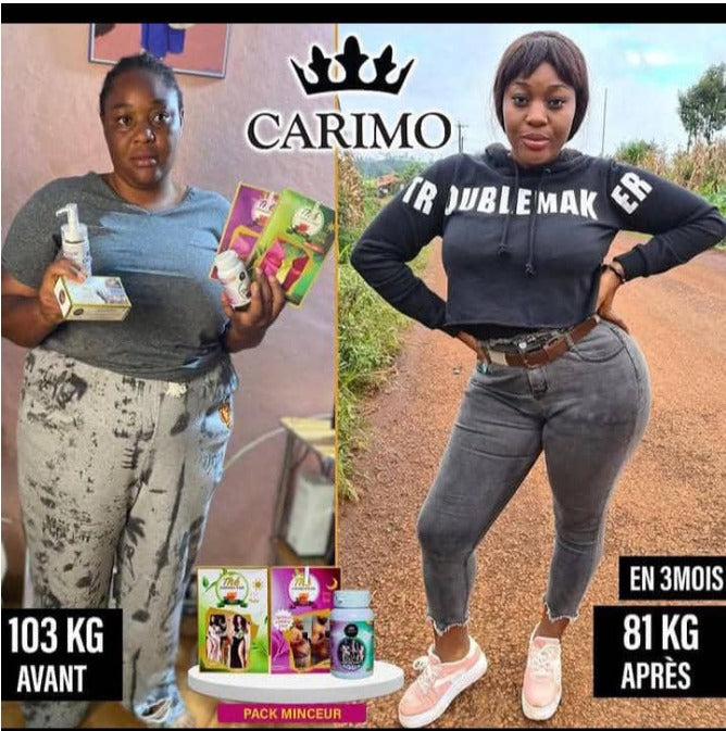 Before and after transformation of a woman with carimo  weight loss products and Carimo branding.