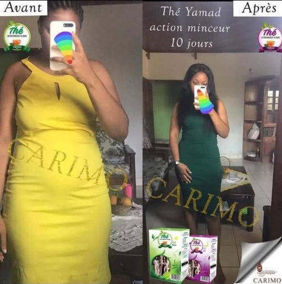 Before and after weight loss transformation with CARIMO Yamad  tea packaging shown.