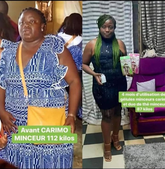 Before and after transformation of a woman using Carimo Minceur product, showing weight loss from 112 to 87 kilograms.

Details