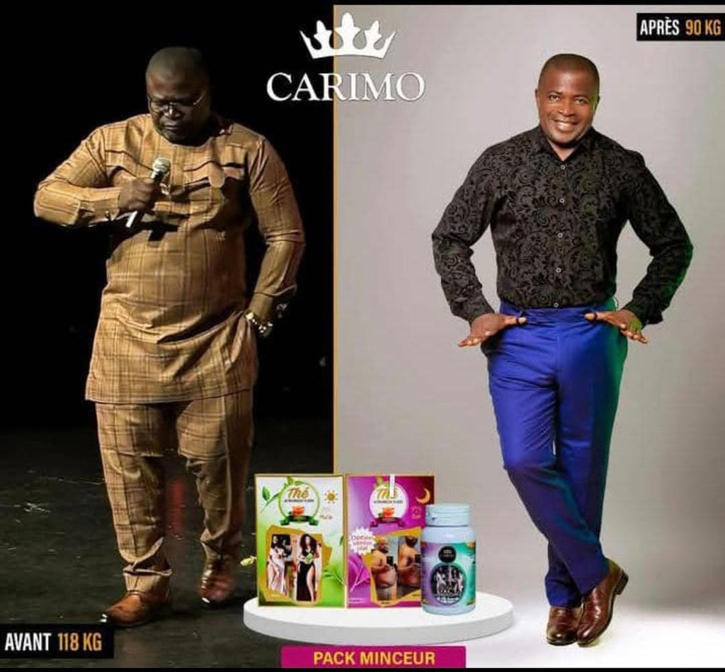 Before and after weight loss transformation with Carimo products displayed.