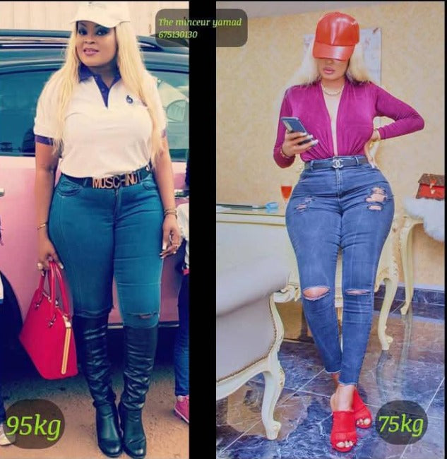 Two images of a person before and after weight loss using Yamad tea , showing changes in clothing and appearance.