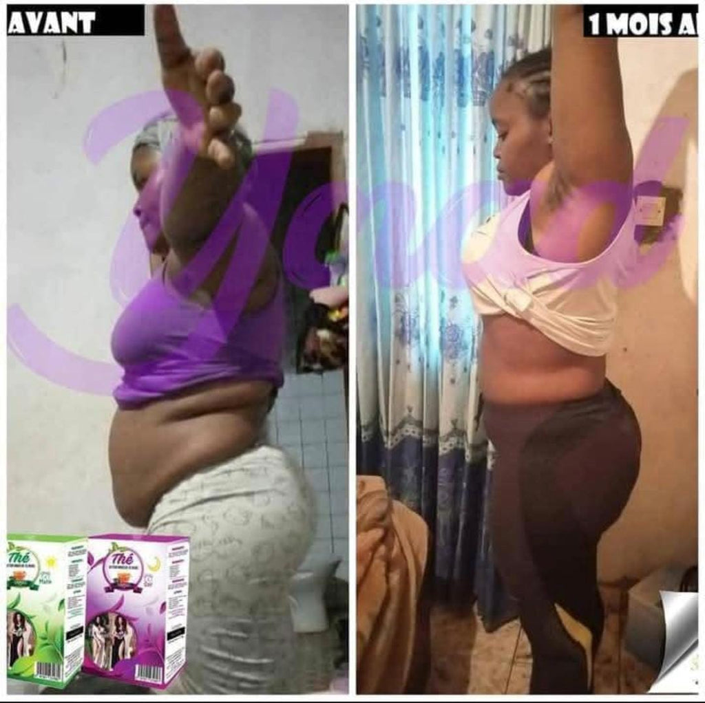 Before and after comparison of a person with visible weight loss, showing Yamad tea 