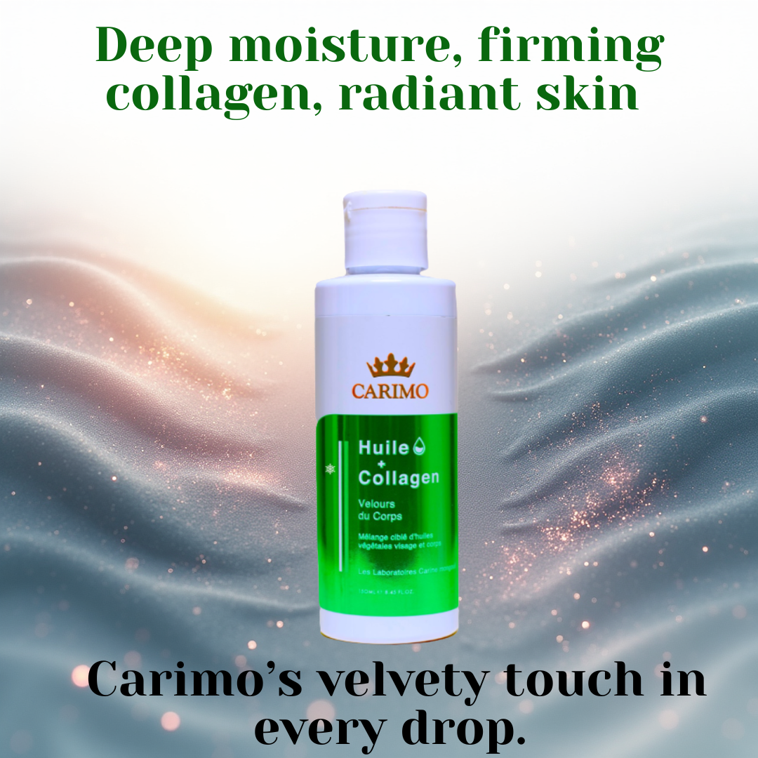 Carimo Collagen Body Oil providing deep moisture, skin firming benefits, and a radiant velvety glow—premium nourishing oil for daily body care.