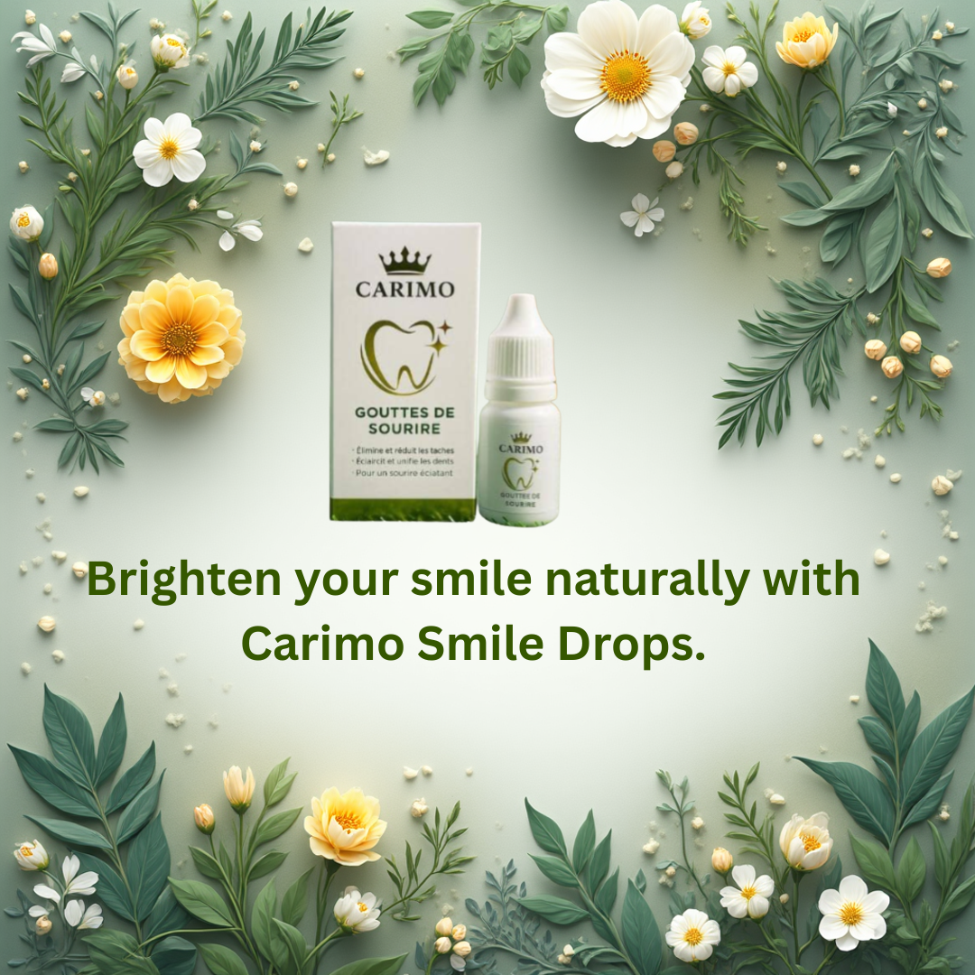 Carimo Gouttes de Sourire — natural teeth whitening drops that brighten your smile, reduce surface stains, and support fresh, healthy-looking teeth.